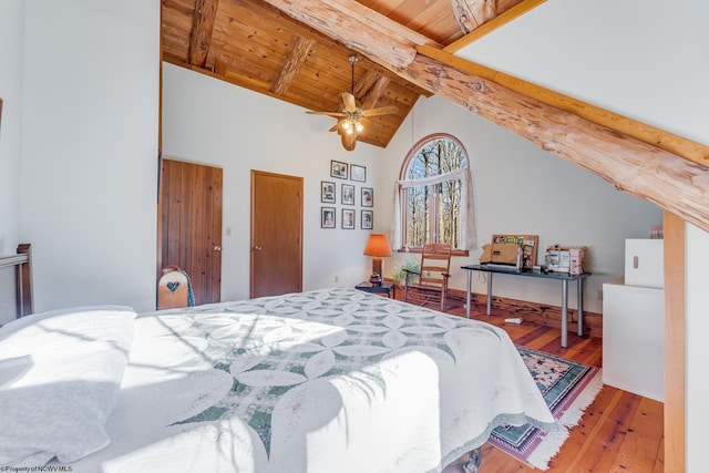 bedroom with hardwood / wood-style floors, vaulted ceiling with beams, wood ceiling, and ceiling fan