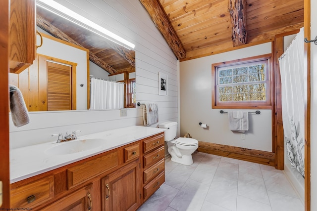 full bathroom with vanity, wooden walls, vaulted ceiling, wooden ceiling, and toilet