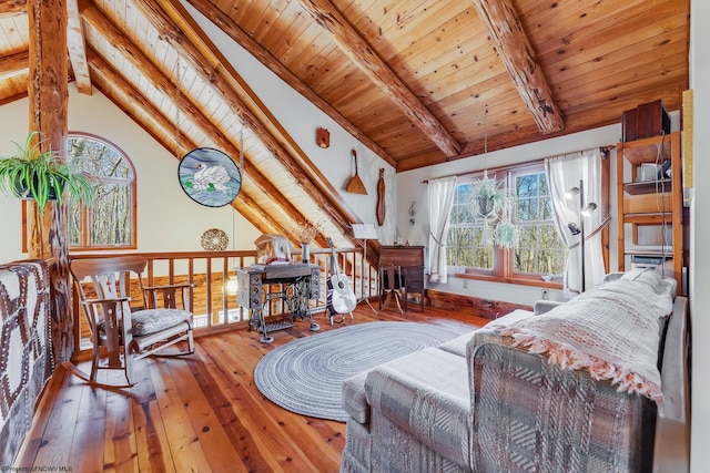 living area with lofted ceiling with beams, wooden ceiling, and wood-type flooring