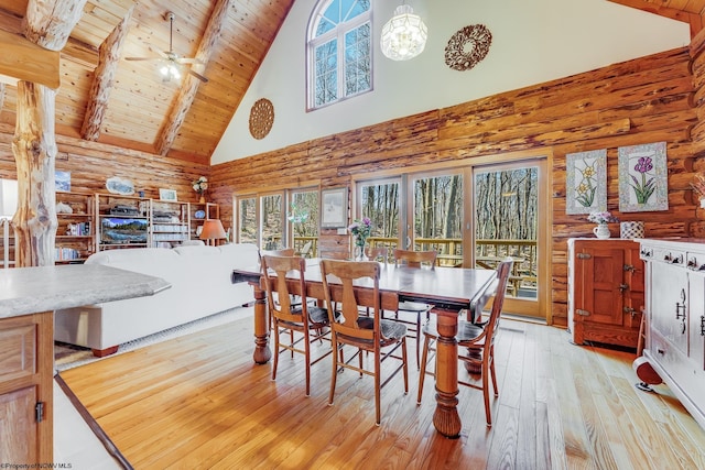 dining room with a ceiling fan, high vaulted ceiling, light wood-style floors, wooden ceiling, and rustic walls