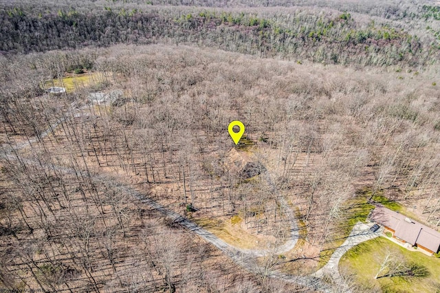 bird's eye view featuring a wooded view