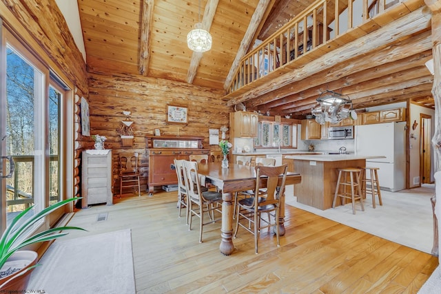 dining room with a wealth of natural light, light wood-style flooring, wooden ceiling, and an inviting chandelier