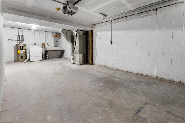 garage with heating unit, washer / dryer, electric panel, water heater, and a garage door opener