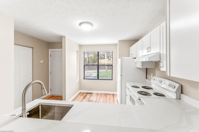 kitchen featuring light stone countertops, a sink, under cabinet range hood, light wood-type flooring, and white range with electric stovetop