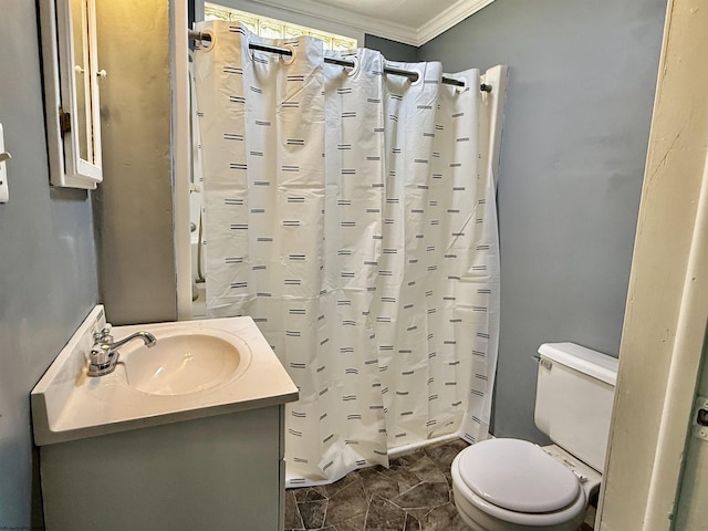 full bath with a stall shower, toilet, ornamental molding, and vanity