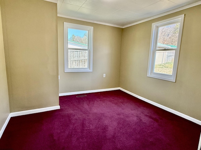 spare room with visible vents, baseboards, a wealth of natural light, and ornamental molding