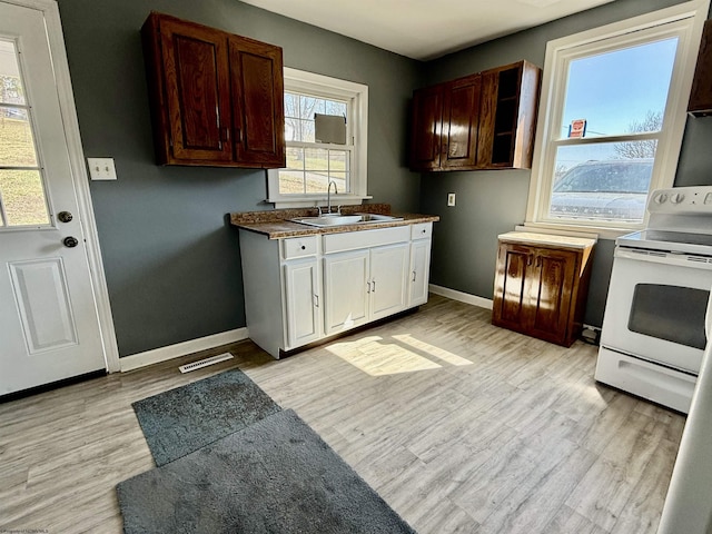 kitchen with white electric stove, baseboards, light wood-style floors, and a sink