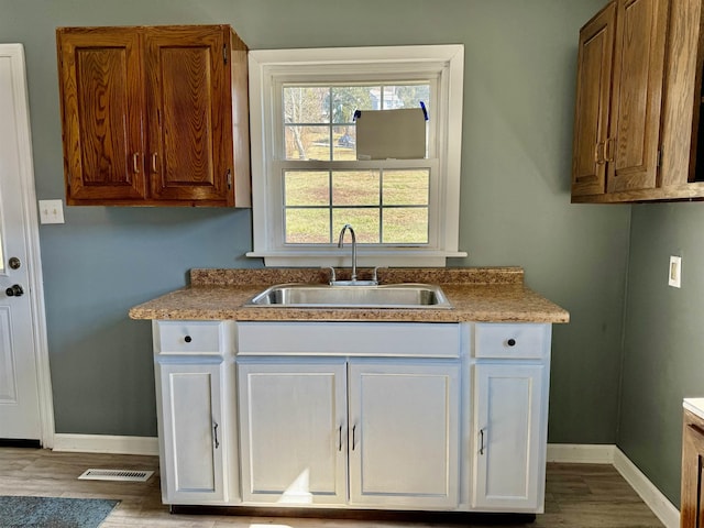 kitchen with a sink, baseboards, and wood finished floors