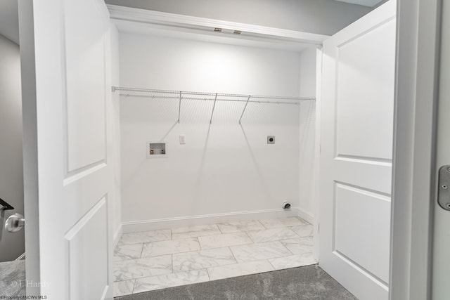 laundry room with hookup for an electric dryer, marble finish floor, laundry area, and washer hookup