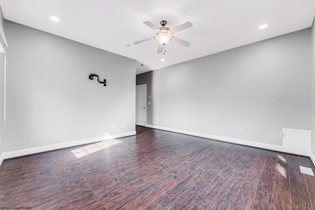 empty room with recessed lighting, baseboards, wood finished floors, and ceiling fan