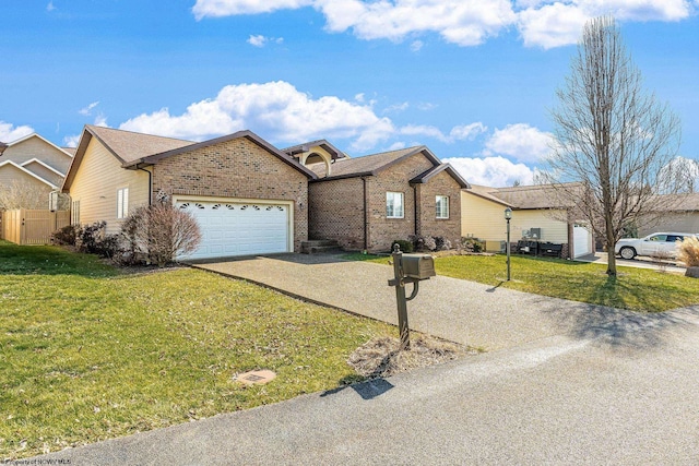 ranch-style house featuring fence, driveway, an attached garage, a front lawn, and brick siding