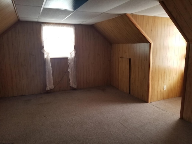 additional living space featuring carpet floors, wooden walls, and lofted ceiling