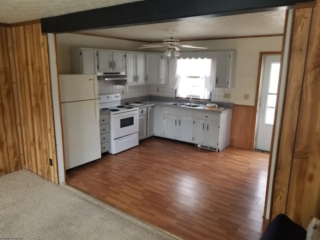 kitchen with a wainscoted wall, a ceiling fan, under cabinet range hood, white appliances, and white cabinets