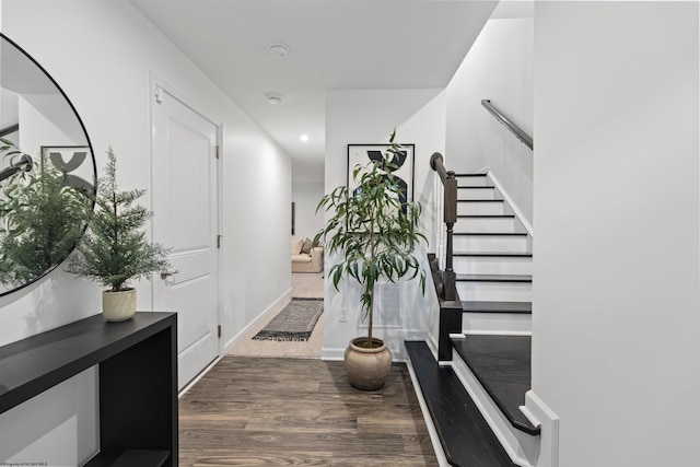 foyer featuring stairs and dark wood-style flooring