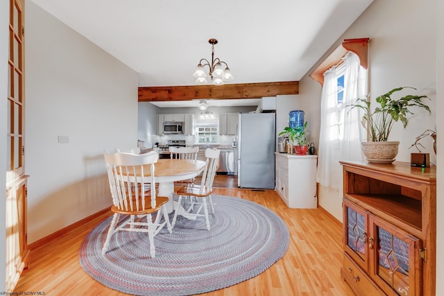 dining area with an inviting chandelier, light wood-style floors, and a wealth of natural light