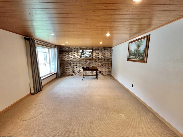 762 Pearl St, Grafton, WV 26354 - basement with baseboards, recessed lighting, light carpet, brick wall, and wooden ceiling