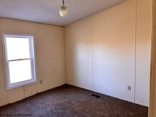 carpeted empty room featuring a textured ceiling
