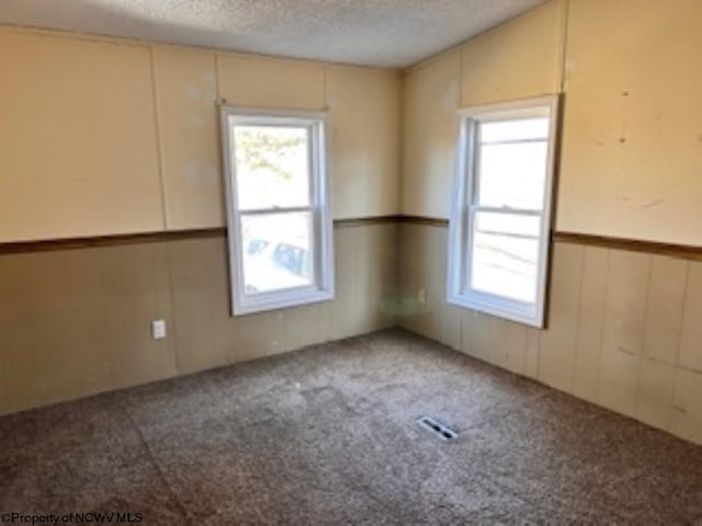 carpeted spare room with a wainscoted wall, a healthy amount of sunlight, visible vents, and a textured ceiling