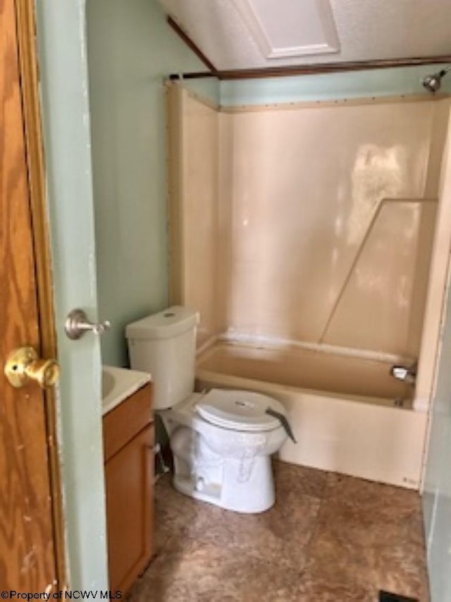 full bath with  shower combination, toilet, and vanity