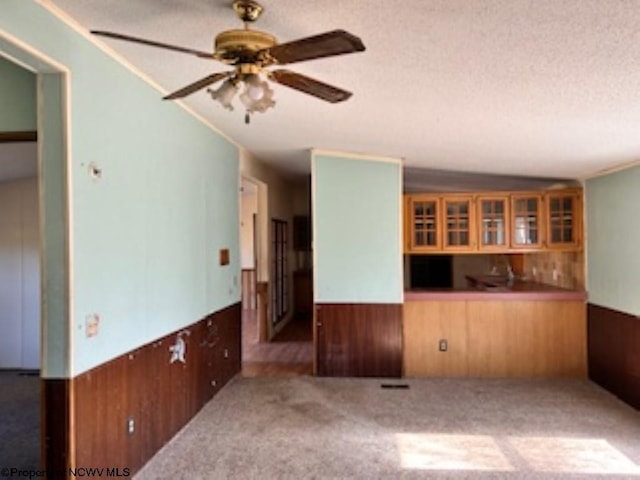 kitchen with carpet flooring, a textured ceiling, wood walls, and a wainscoted wall