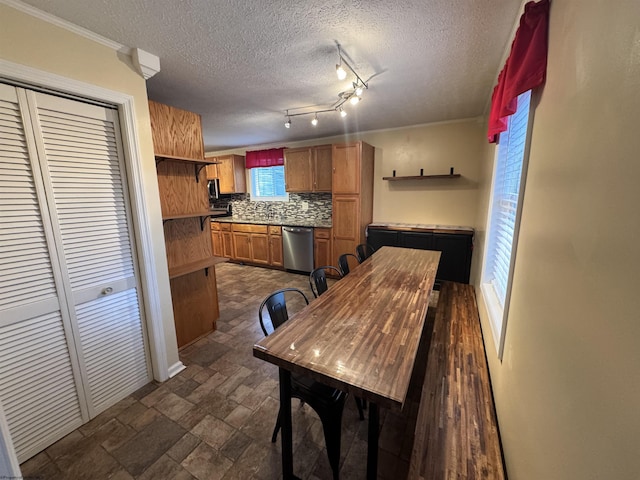 2458 Brushy Fork Rd, Buckhannon, WV 26201 - kitchen with a textured ceiling, open shelves, brown cabinetry, decorative backsplash, and stainless steel dishwasher