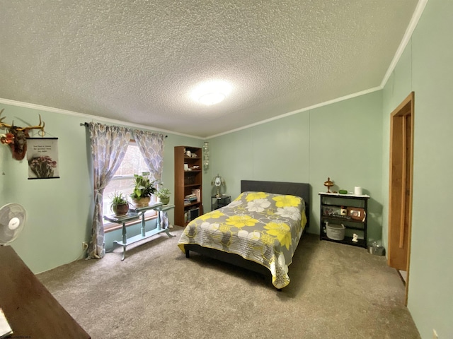 carpeted bedroom featuring a textured ceiling and crown molding