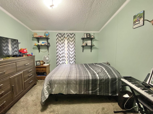 bedroom with ornamental molding, carpet floors, and a textured ceiling