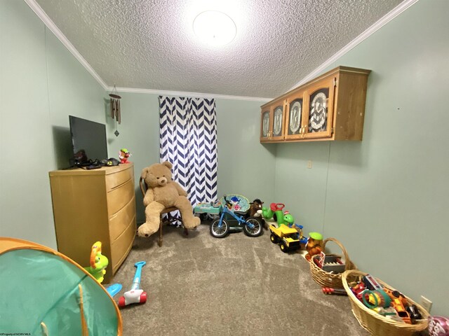 game room featuring carpet, a textured ceiling, and crown molding
