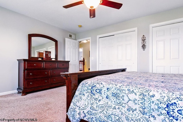 648 Ashberry Dr, Flemington, WV 26347 - bedroom featuring visible vents, a closet, baseboards, ceiling fan, and light carpet