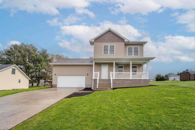 traditional home featuring covered porch, a garage, concrete driveway, and a front yard
