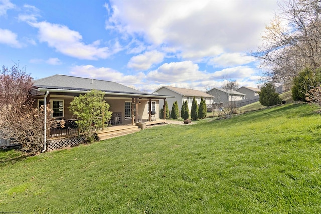 back of property featuring a deck, fence, and a lawn
