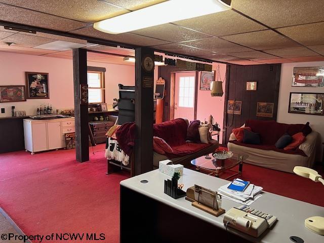 140 Roney Rd, Elkins, WV 26241 - living room featuring carpet flooring and a paneled ceiling