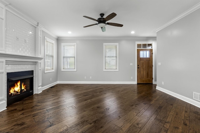 unfurnished living room featuring baseboards, a fireplace, recessed lighting, dark wood-style floors, and ceiling fan