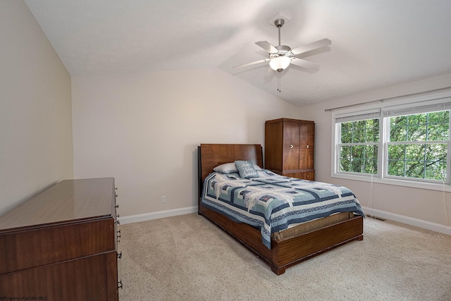 306 Villa View Dr, Morgantown, WV 26505 - bedroom with baseboards, visible vents, light colored carpet, lofted ceiling, and a ceiling fan