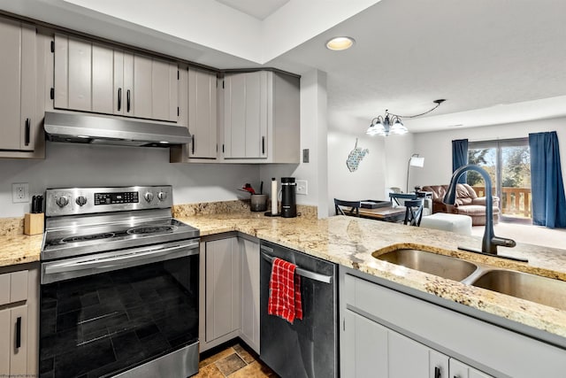 1224 Van Voorhis Rd, Morgantown, WV 26505 - kitchen featuring a sink, recessed lighting, light stone countertops, under cabinet range hood, and appliances with stainless steel finishes