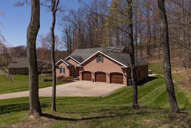 view of front of house featuring an attached garage, a front lawn, stucco siding, and concrete driveway