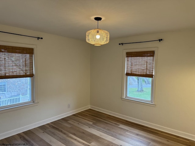 spare room with wood finished floors, a wealth of natural light, and baseboards