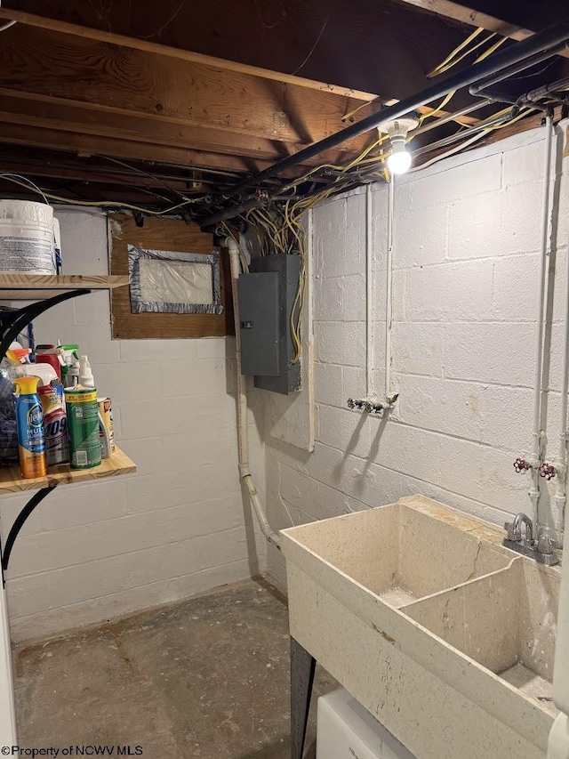 unfinished basement with a sink and electric panel