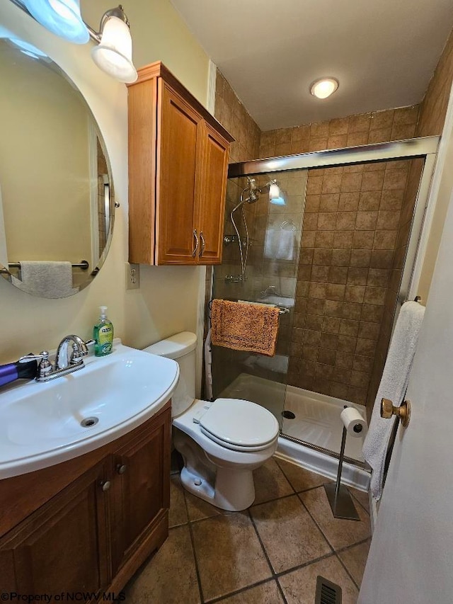bathroom with toilet, vanity, visible vents, and a stall shower