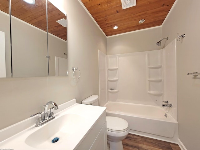 full bath featuring toilet, visible vents, wooden ceiling, vanity, and shower / tub combination