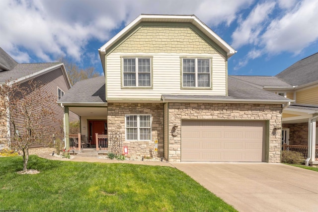 craftsman house with stone siding, covered porch, a front yard, and concrete driveway