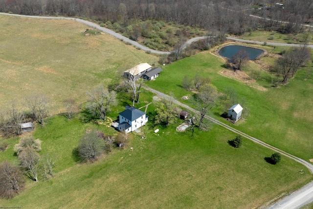 bird's eye view featuring a rural view and a water view