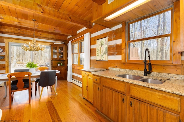 kitchen with light wood finished floors, a sink, wood ceiling, baseboard heating, and a notable chandelier