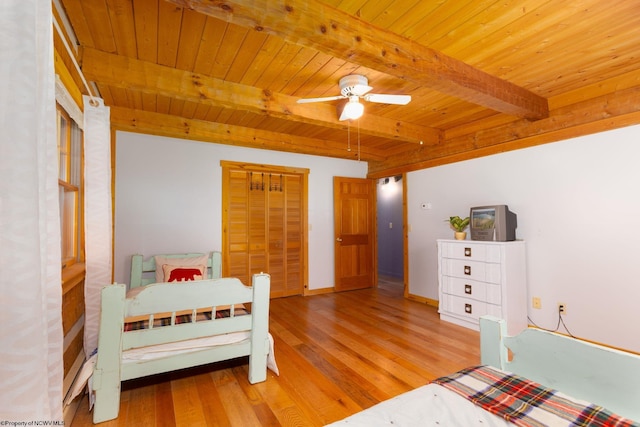bedroom with wooden ceiling, wood finished floors, and beam ceiling