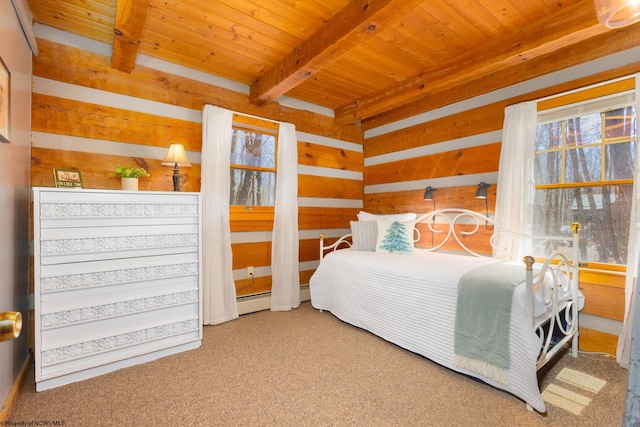 carpeted bedroom with wooden ceiling, wood walls, and beam ceiling