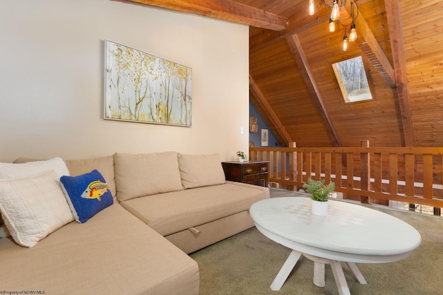 living room with wooden ceiling, vaulted ceiling with skylight, and carpet flooring