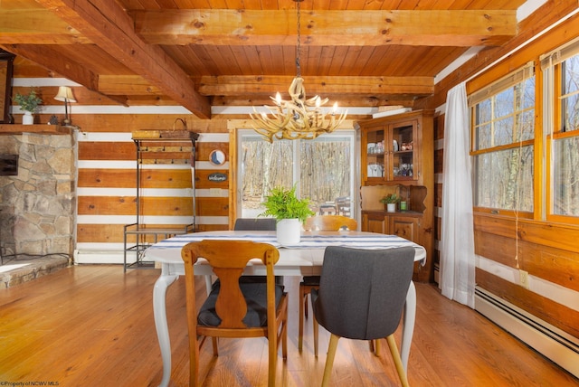 dining room with light wood-type flooring, a notable chandelier, beamed ceiling, wood ceiling, and a baseboard radiator