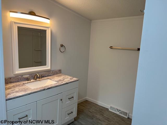 bathroom with wood finished floors, visible vents, vanity, ornamental molding, and baseboards