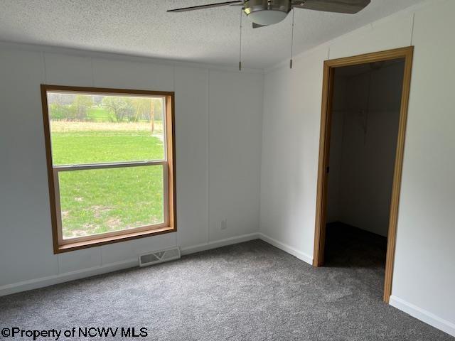 unfurnished bedroom with a textured ceiling, visible vents, carpet flooring, and multiple windows