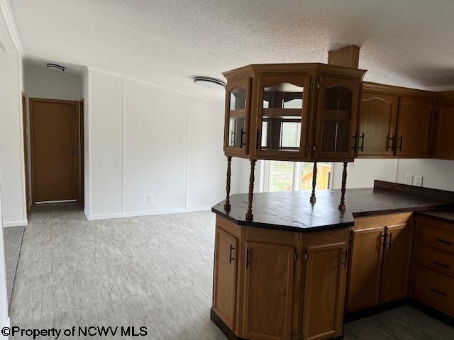 kitchen with dark countertops, wood finished floors, a textured ceiling, and glass insert cabinets